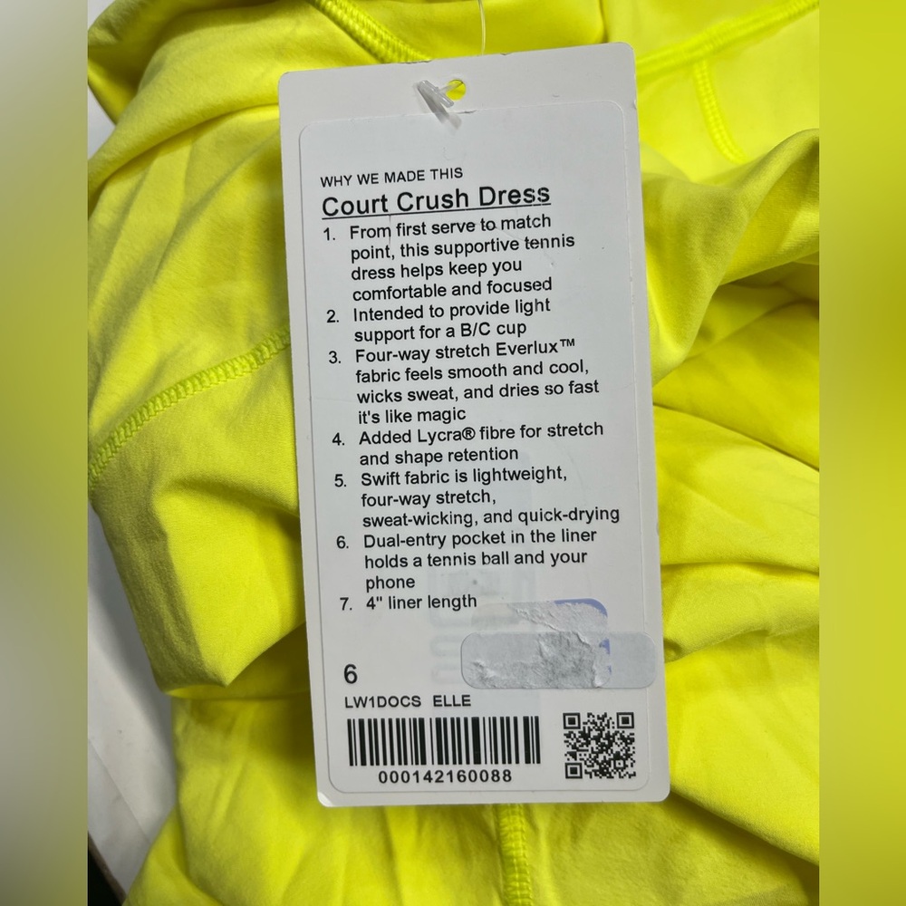 NWT Lululemon Court Crush Tennis Dress Electric Lemon Women’s Size 6 - Picture 11 of 13